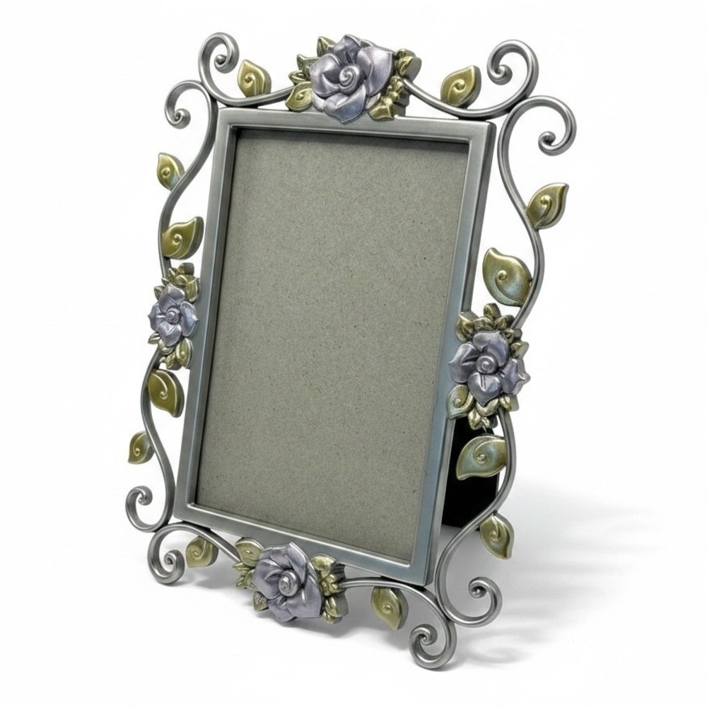 Vintage Connoisseur Pewter Silver Enamel Purple Rose Floral Picture Frame 4x6